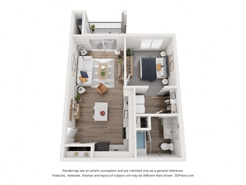 Floor plan for 1 bed, 1 bath, 647 sqft